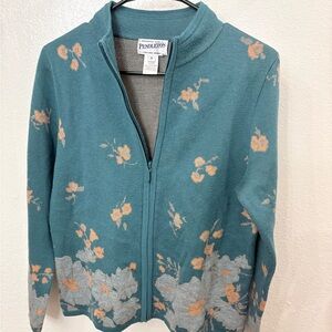 Pendleton Teal Zip-Front Floral Knit Sweater
